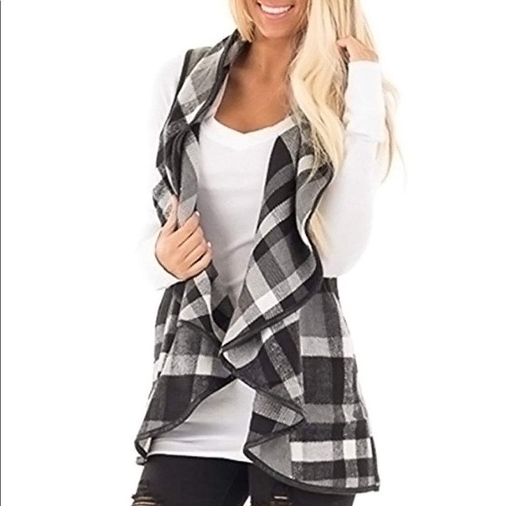 Draped XXLSleeveless Plaid Vest Waterfall Cardigan